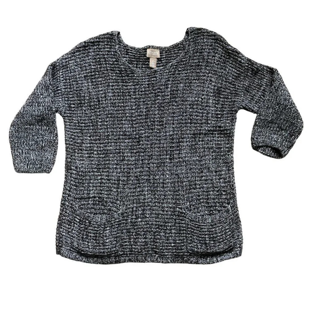 𝅺Chico’s Gray Marled Heathered Ribbed Knit‎ Pullover Cotton Sweater, Size 0 (S)